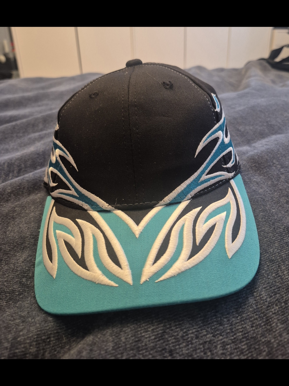 Y2K Black and Teal Flame Embroidered Baseball Cap - NEW